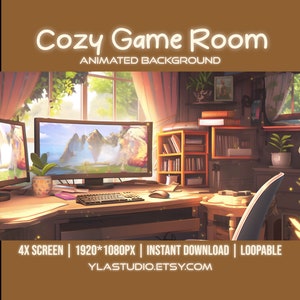 May include: An animated background featuring a cozy game room with a desk, two computer monitors, a bookshelf, and a plant. The room has a window with a view of a mountain range. The text "Cozy Game Room" and "Animated Background" is at the top of the image. The text "4X SCREEN | 1920*1080PX | INSTANT DOWNLOAD | LOOPABLE" and "YLASTUDIO.ETSY.COM" is at the bottom of the image.