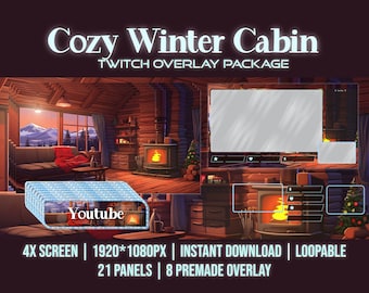 Puede incluir: Una acogedora escena de cabaña de invierno con una chimenea, un árbol de Navidad y un sofá. La imagen es un paquete de superposición de Twitch con 21 paneles y 8 superposiciones prefabricadas. El texto "Cozy Winter Cabin" y "Twitch Overlay Package" está en la parte superior de la imagen. El texto "Youtube" está en la esquina inferior izquierda de la imagen. El texto "4X SCREEN | 1920*1080PX | INSTANT DOWNLOAD | LOOPABLE 21 PANELS | 8 PREMADE OVERLAY" está en la parte inferior central de la imagen. El texto "YLASTUDIO.ETSY.COM" está en la parte inferior de la imagen.