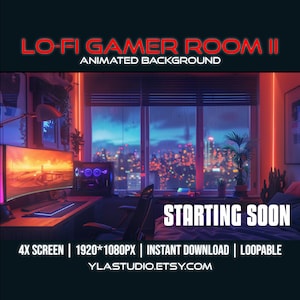 Puede incluir: Un fondo animado digital que presenta una sala de juegos con vista a una ciudad por la noche. La sala tiene un escritorio de computadora con un monitor, un teclado y un mouse. Hay una planta en el escritorio y una cama en el fondo. El texto "LO-FI GAMER ROOM II ANIMATED BACKGROUND" está en la parte superior de la imagen. El texto "STARTING SOON" está en el centro de la imagen. El texto "4X SCREEN | 1920*1080PX | INSTANT DOWNLOAD | LOOPABLE" está en la parte inferior de la imagen. El texto "YLASTUDIO.ETSY.COM" está en la parte inferior central de la imagen.