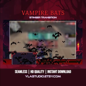 May include: An animated transition featuring a swarm of bats flying across a blurred background. The text "Vampire Bats" and "Stinger Transition" is displayed in a neon pink font. The text "Seamless | HD Quality | Instant Download" and "YLASTUDIO.ETSY.COM" is displayed in a white font.