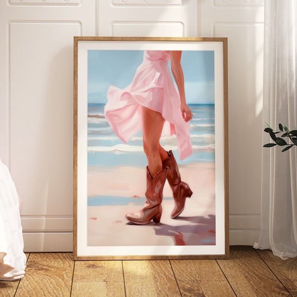 Coastal Cowgirl Print, Pink Beach Wall Art, Western Boots Oil Painting, Preppy College Dorm Decor, Aesthetic Southern Girl Room Poster