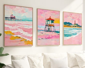 Boho Beach Wall Art Set of 3 - Pink Coastal California Surf Prints, Preppy Beachy Dorm Decor