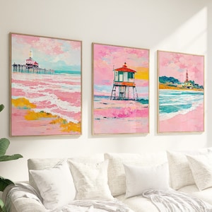 Boho Beach Wall Art Set of 3 - Pink Coastal California Surf Prints, Preppy Beachy Dorm Decor