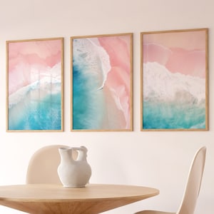 Pink & Blue Ocean Wave Prints Set of 3 - Boho Pastel Beach Wall Art, Aerial Surf Photography