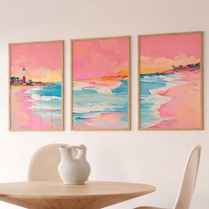 Pink Boho Beach Wall Art Set of 3 - Bohemian Surf & Beach Prints, Preppy Apartment Dorm Decor