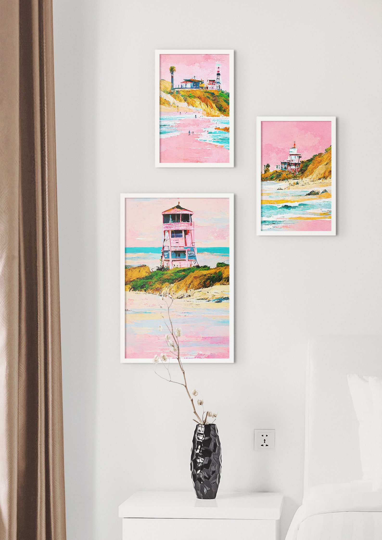 Pink Boho Beach Prints, Printable Ocean Decor, Wall Art Set of 3, Beach