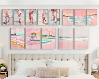 Mega Dorm Decor Bundle: Pink Boho Beach Wall Art & Coastal Cowgirl Prints, Set of 13 Aesthetic Preppy Oil Paintings + Photo Posters