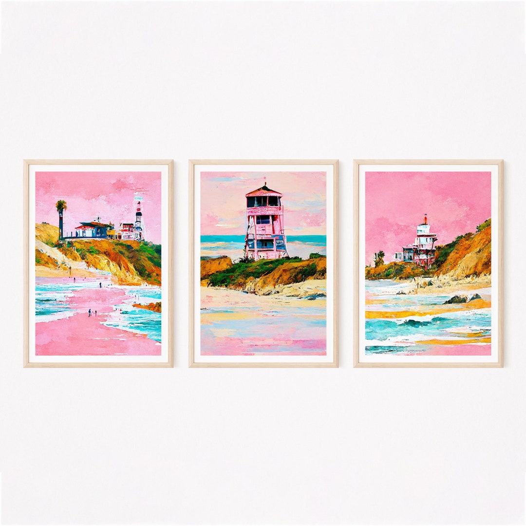 Pink Boho Beach Prints, Printable Ocean Decor, Wall Art Set of 3, Beach ...