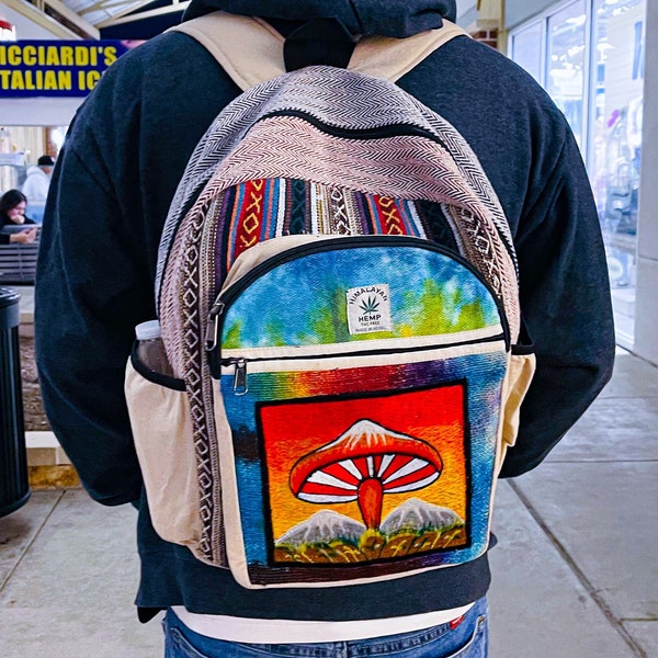 Embroidered mushroom print + tie-dye hemp backpack - Sustainable Hemp Fashion, travel bag, festive bags