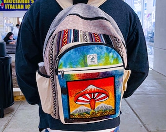 Embroidered mushroom print + tie-dye hemp backpack - Sustainable Hemp Fashion, travel bag, festive bags