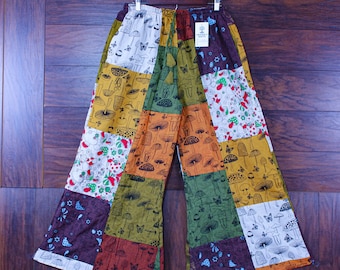 Pantalon palazzo bohème en patchwork - Pantalon large coloré à imprimés célestes, cachemire et nature