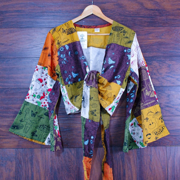 Mushroom Print Bell Sleeve Patchwork Top - Boho Crop Top, Colorful Hippie Festival Shirt, Tie-Front Blouse for Women