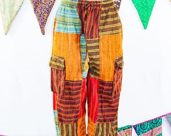 Pantalon patchwork hippie boho aux couleurs vives, grande taille baggy