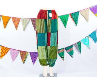 Sarouel vert bohème en patchwork - Pantalon hippie unisexe en coton, pantalon bohème écologique à taille élastique