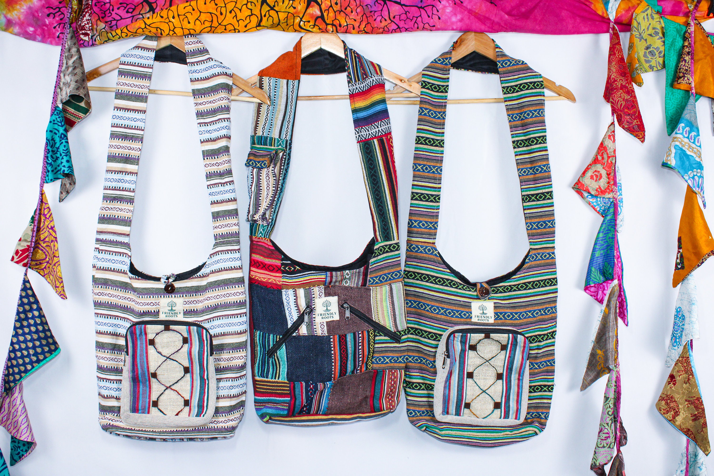 Boho hemp patchwork Shoulder Bags, hippie bags, cross-body unisex festive, market bags