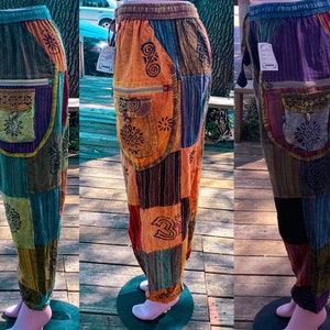 Beau pantalon patchwork bohème hippie unisexe poches zippées image 1