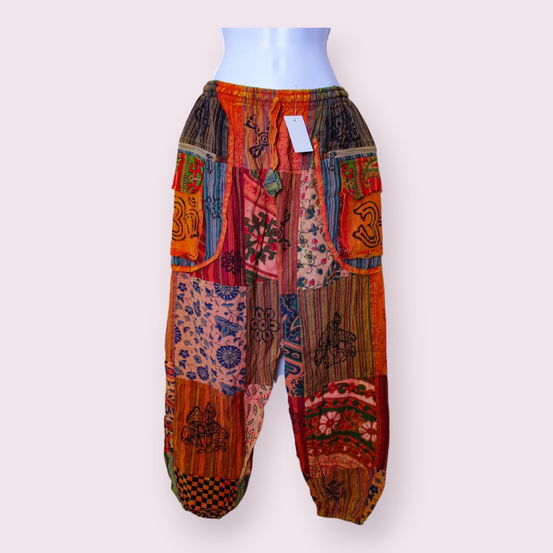 Beau pantalon patchwork bohème hippie unisexe poches zippées YEL mix fabric patch