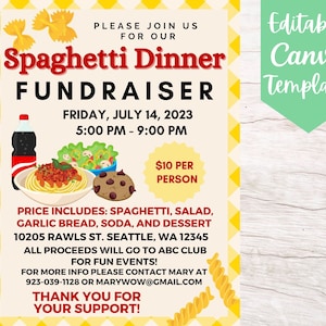 EDITABLE INVITATION, Printable Spaghetti Dinner Fundraiser Flyer Template, Instant Download Spaghetti Dinner Fundraiser Canva Flyer Template