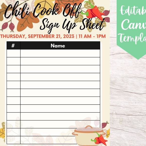 EDITABLE and Printable Chili Cook Off Sign Up Sheet Template, Instant Download Office Chili Cook Off Canva Sign Up Sheet Template