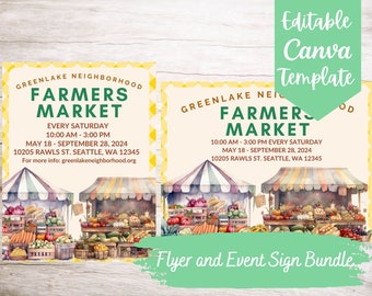 May include: Editable Canva template for a Greenlake Neighbourhood Farmers Market flyer and event sign. The template features a watercolour illustration of a market with colourful produce and tents. The text includes the market dates, times, location, and contact information.