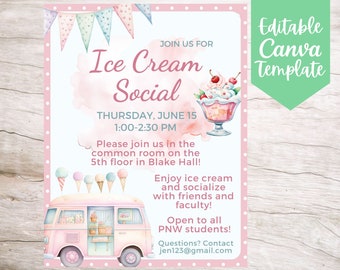 Pink Ice Cream Social Invitation Flyer Template, Editable and Printable Instant Download School or Organization Ice Cream Social Template
