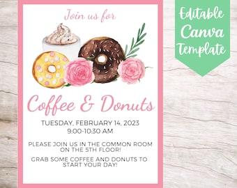 EDITABLE and Printable Pink Coffee and Donuts Invitation Flyer Template, Instant Download Coffee and Donuts Canva Flyer Template