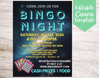 Galaxy Space Bingo Night Flyer Template for Bar, Community Event, Editable and Printable Instant Download Bingo Night Flyer Template