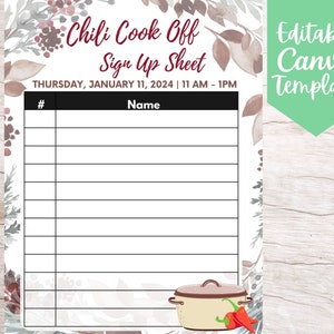 EDITABLE and Printable Winter Chili Cook Off Sign Up Sheet Template, Instant Download Company Chili Cook Off Canva Sign Up Sheet Template