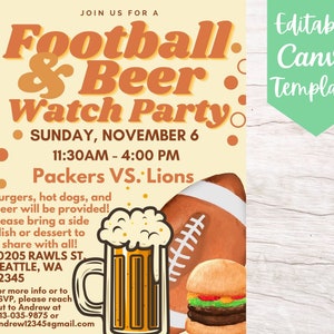 Editable and Printable Football & Beer Watch Party Invitation Flyer Template, Instant Download Football Watch Party Canva Flyer Template