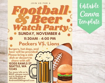 Editable and Printable Football & Beer Watch Party Invitation Flyer Template, Instant Download Football Watch Party Canva Flyer Template