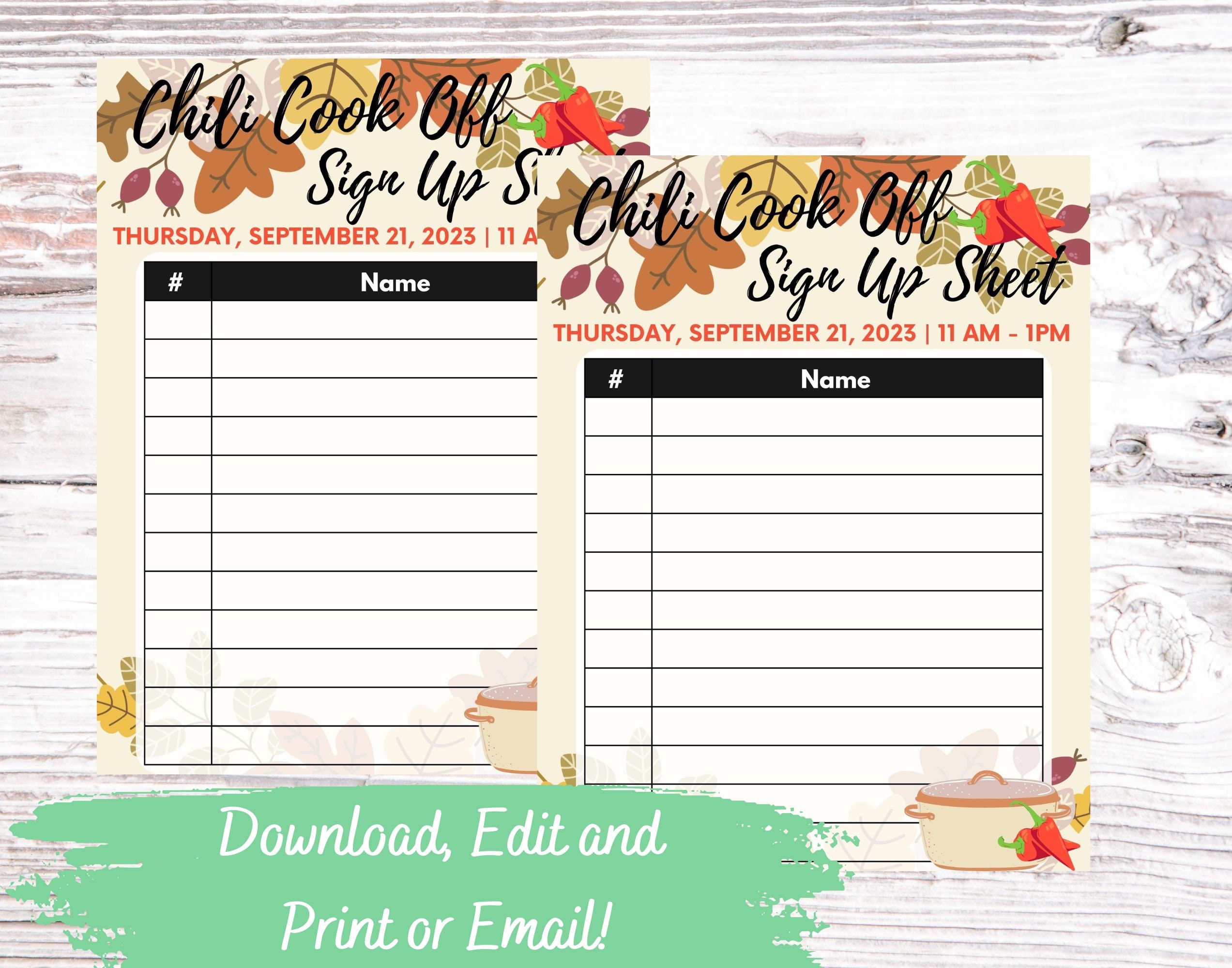 EDITABLE and Printable Chili Cook off Sign up Sheet Template, Instant EDITABLE and Printable Chili Cook off Sign up Sheet Template, Instant
