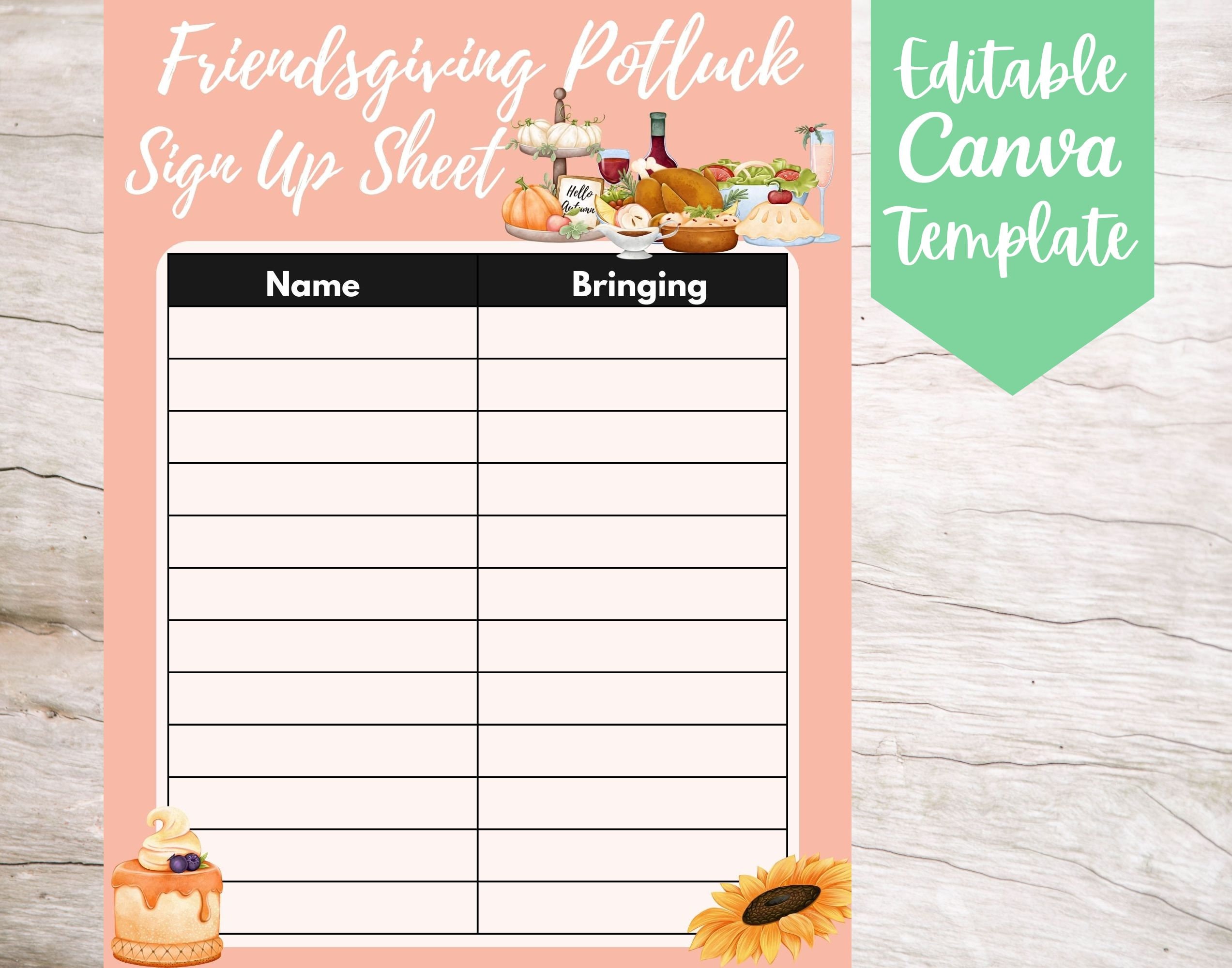 EDITABLE and Printable Cute Friendsgiving Potluck Event Sign up Sheet