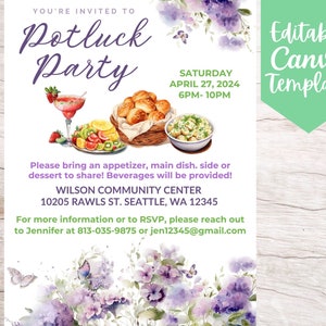 Op de afbeelding: Uitnodiging voor een potluck party met aquarel bloemaccenten. De tekst "Potluck Party" is prominent aanwezig, met evenementdetails voor 27 april 2024. Inclusief een bewerkbare Canva-sjabloon.