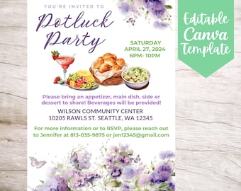 Spring Potluck Party Event Invitation Flyer Template, Editable and Printable Instant Download