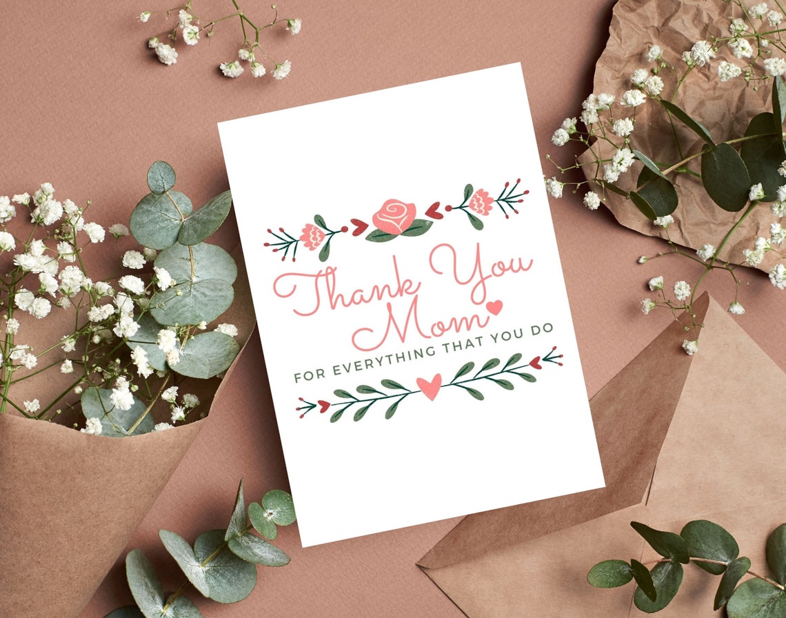 Printable Thank You Mom Card With Flowers Instant Download Etsy