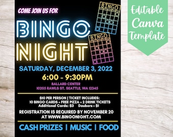 Editable and Printable Bingo Night Event Invitation Flyer Template, Instant Download Fun Bingo Night Event Canva Flyer Template