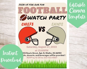 Editable Football Watch Party Flyer, Instant Download Printable Football Game Watch Party Invitation, Customizable Football Season Template