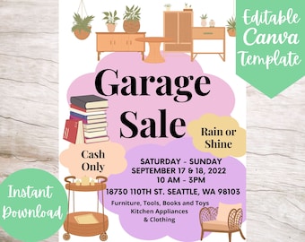 Editable and Printable Garage Sale Flyer Template, Instant Download and Edit Garage Sale Canva Flyer Template, 8.5&quot; x 11&quot; Size Flyer