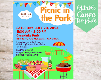 Summer Picnic in the Park Event Flyer Template, Editable and Printable Instant Download Community Picnic in the Park Flyer Template
