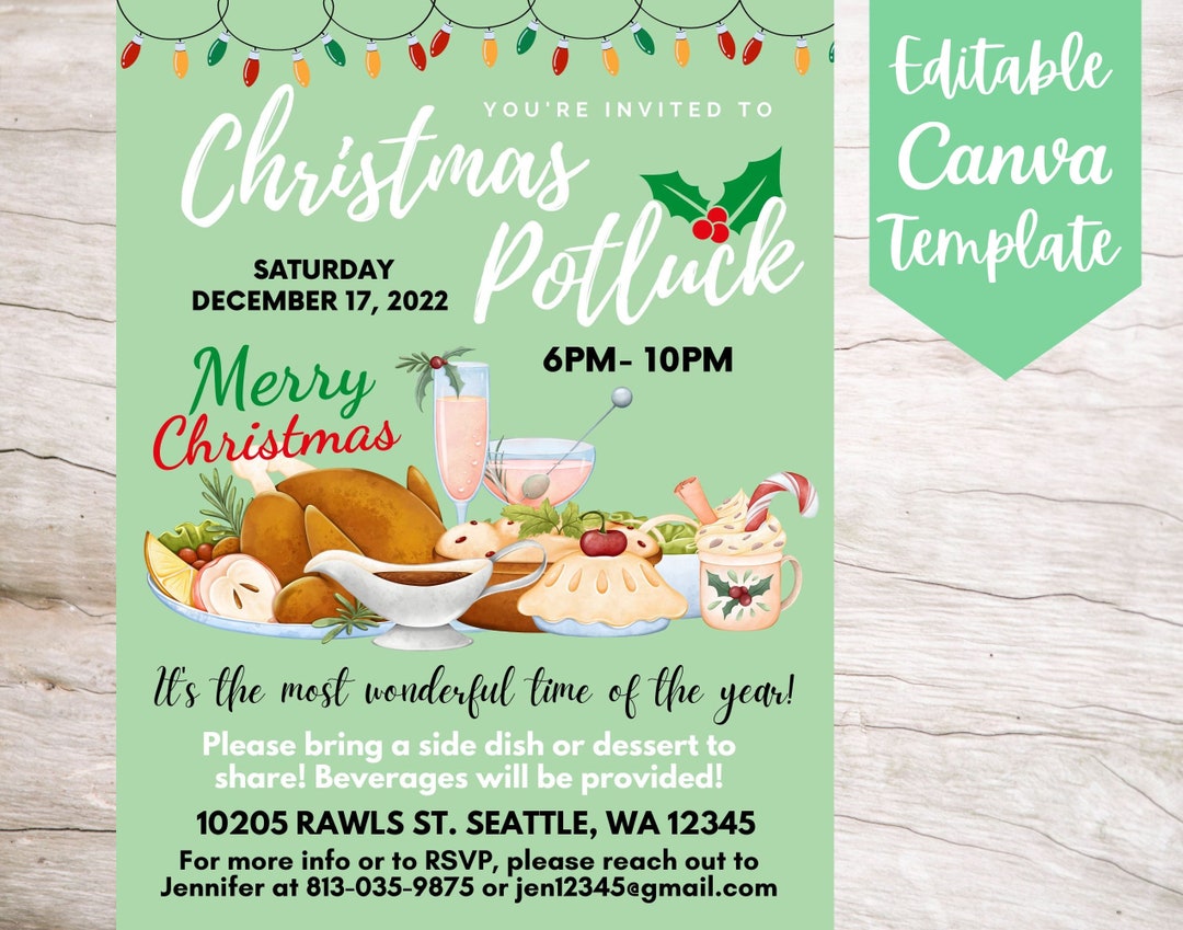 EDITABLE and Printable Christmas Potluck Invitation Flyer Template EDITABLE and Printable Christmas Potluck Invitation Flyer Template