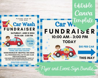 Car Wash Fundraiser Flyer and Event Sign Template Bundle, Editable and Printable Instant Download Car Wash Announcement Template Bundle