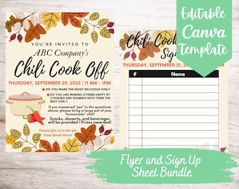 EDITABLE and Printable Chili Cook Off Flyer and Sign Up Sheet Template Bundle, Instant Download Chili Cook Off Canva Template Bundle