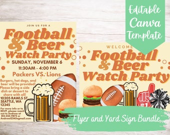 Editable and Printable Football & Beer Watch Party Flyer and Yard Sign Template Bundle, Instant Download Football Canva Template Bundle