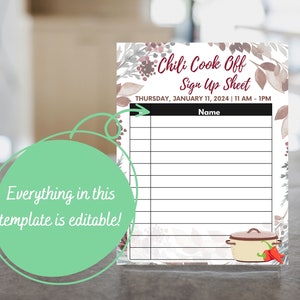 EDITABLE and Printable Winter Chili Cook off Sign up Sheet Template ...
