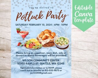 Potluck Party Invitation Flyer Template, Winter Season Potluck Party Event Template (Editable and Printable Digital Download)