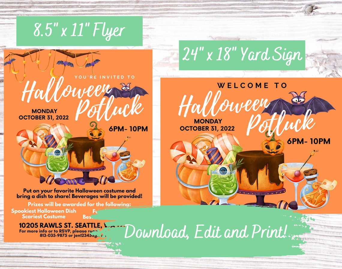 Editable and Printable Halloween Potluck Flyer and Yard Sign Template
