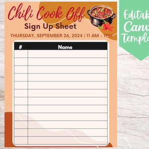 Chili Cook Off Sign Up Sheet Template, Editable and Printable Instant Download Company Chili Cook Off Participation Sheet Template