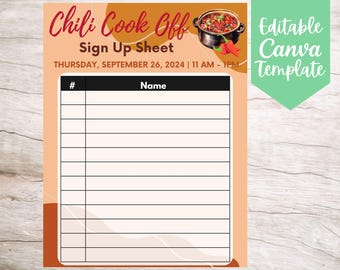 Chili Cook Off Sign Up Sheet Template, Editable and Printable Instant Download Company Chili Cook Off Participation Sheet Template