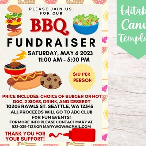 Modello di volantino per evento raccolta fondi per barbecue modificabile e stampabile, modello di volantino Canva per invito per benefici scolastici per raccolta fondi per barbecue a download istantaneo