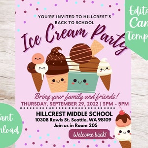 Editable and Printable Back to School Ice Cream Party Invitation Flyer Template, Instant Download Ice Cream Social Canva Template